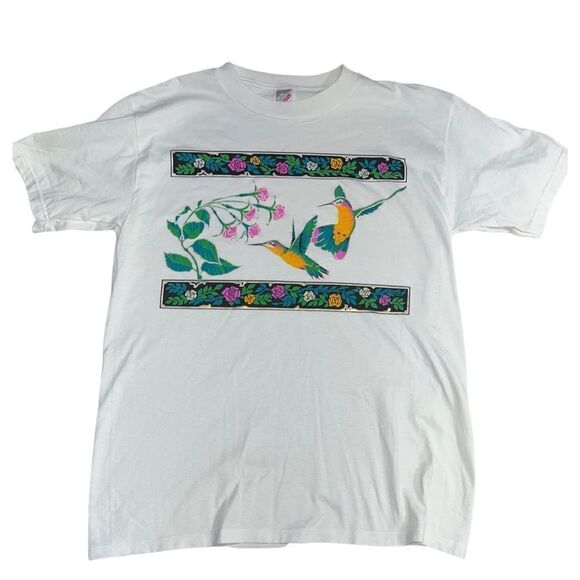 Vintage 90s‎ Jerzeez Flower Garden Hummingbirds Floral T-Shirt Medium - Picture 1 of 6